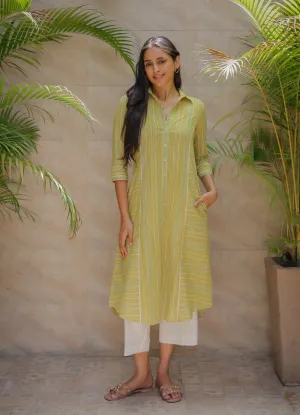 Green With White Cotton Handloom Woven Ready-To-Wear A Line Kurta Set With Cullottes