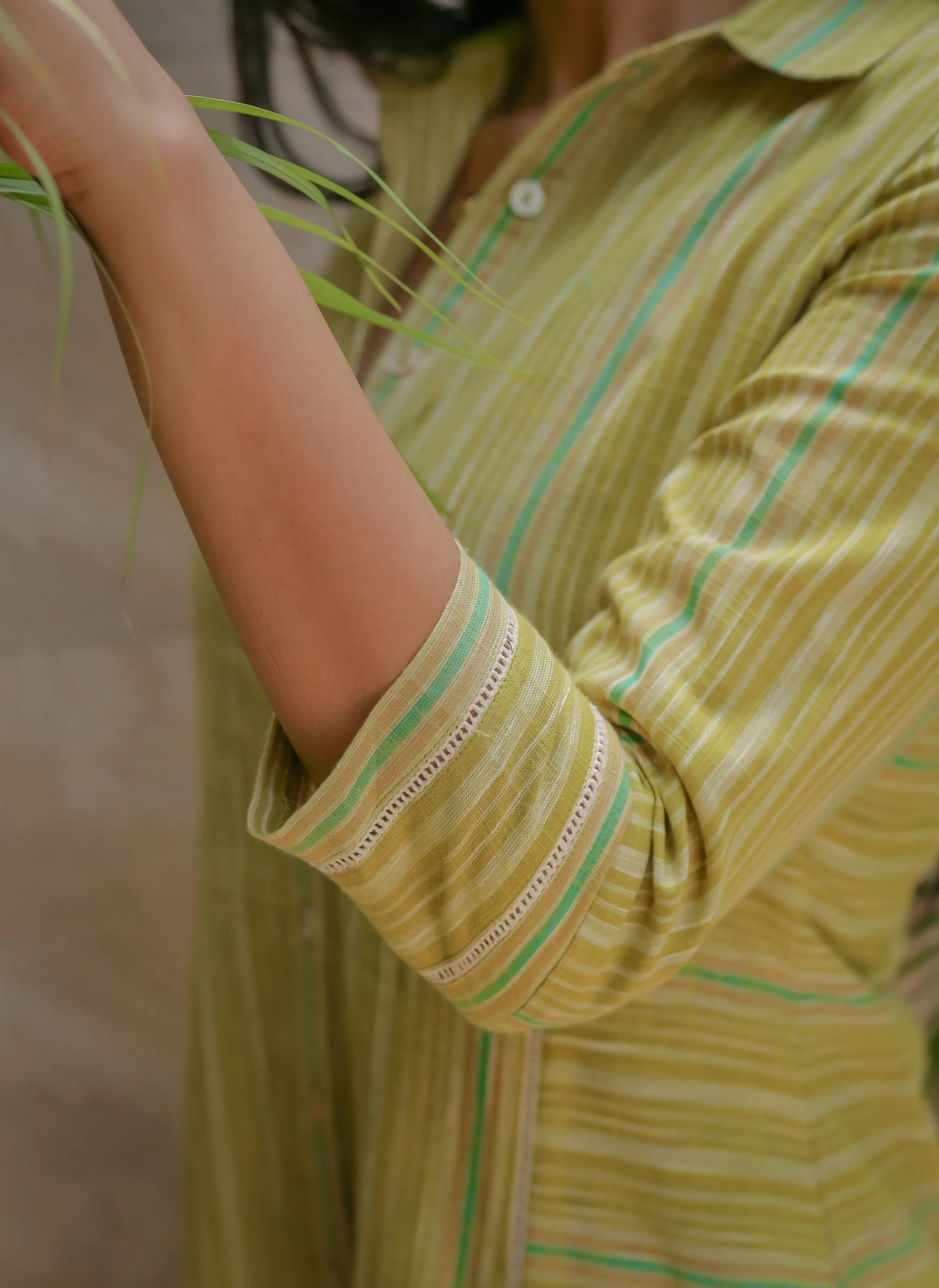 Green With White Cotton Handloom Woven Ready-To-Wear A Line Kurta Set With Cullottes