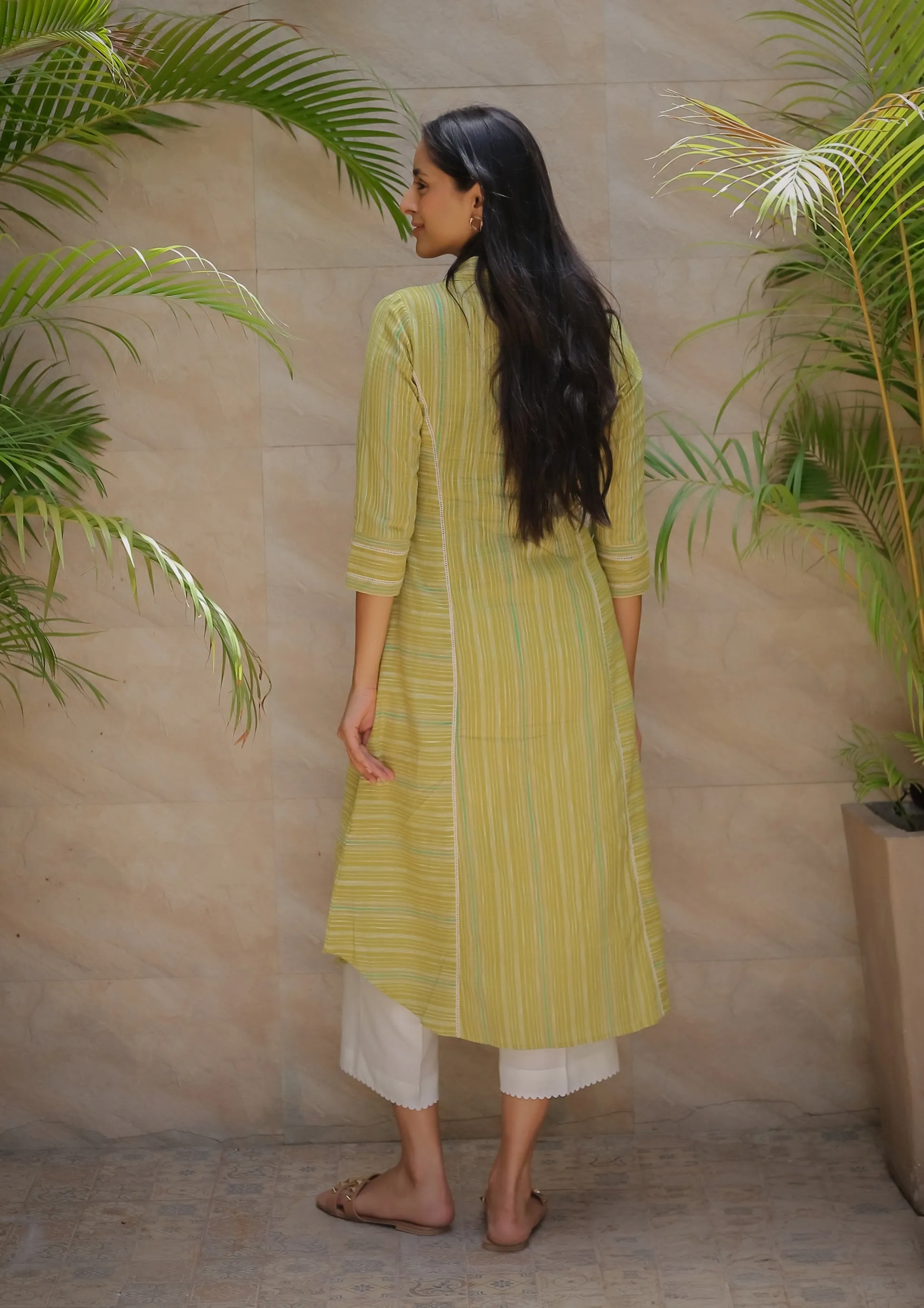 Green With White Cotton Handloom Woven Ready-To-Wear A Line Kurta Set With Cullottes