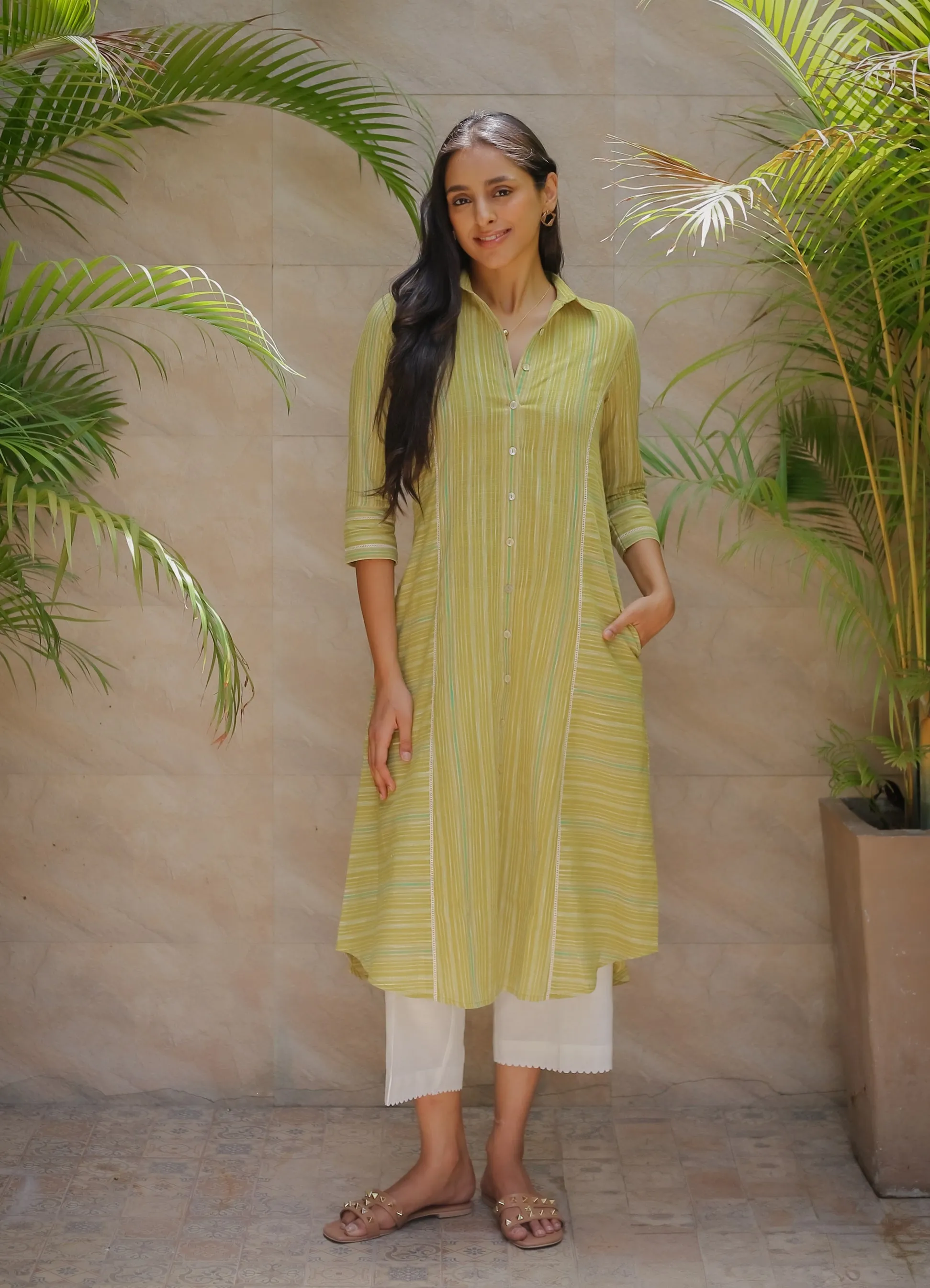 Green With White Cotton Handloom Woven Ready-To-Wear A Line Kurta Set With Cullottes