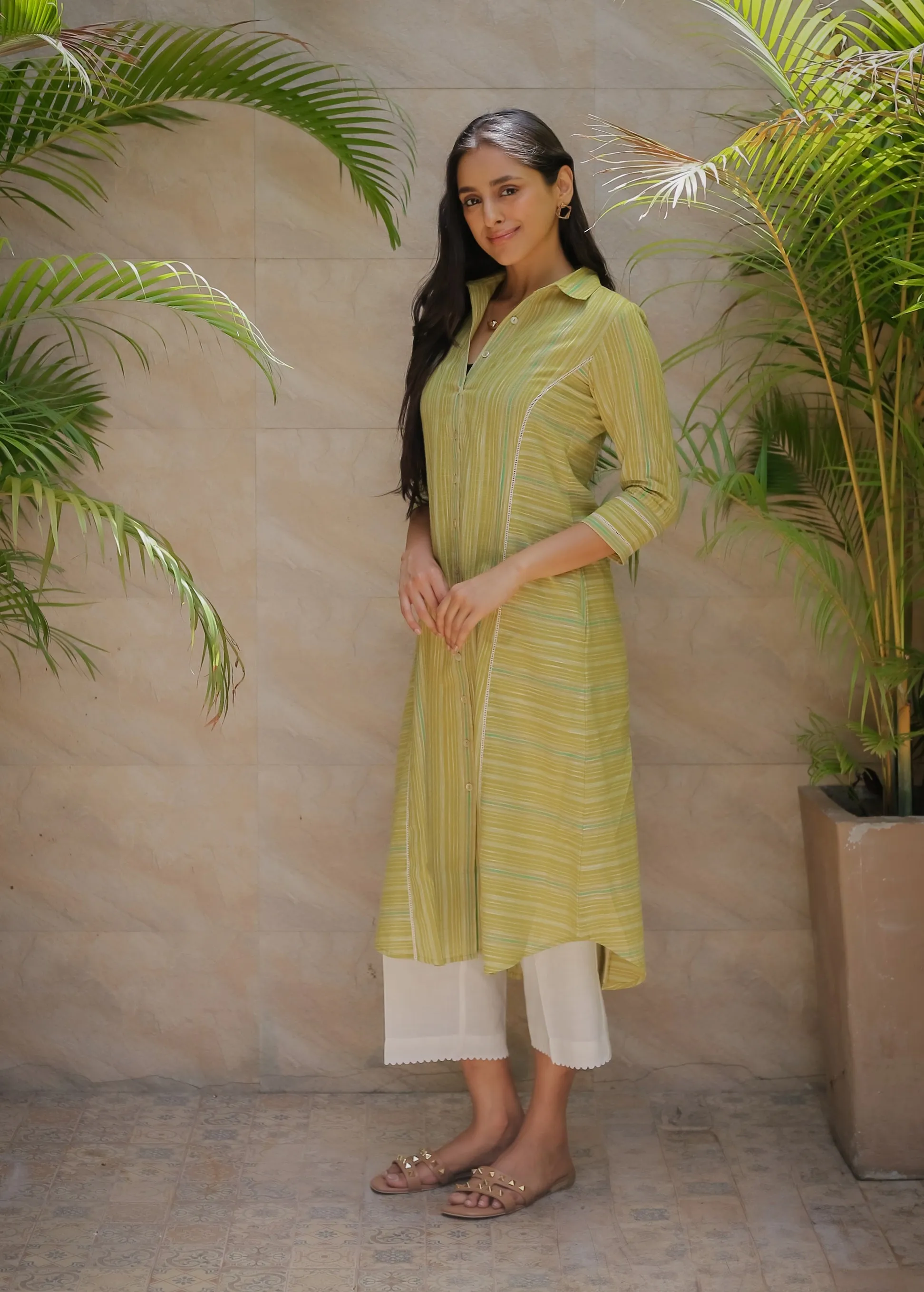 Green With White Cotton Handloom Woven Ready-To-Wear A Line Kurta Set With Cullottes