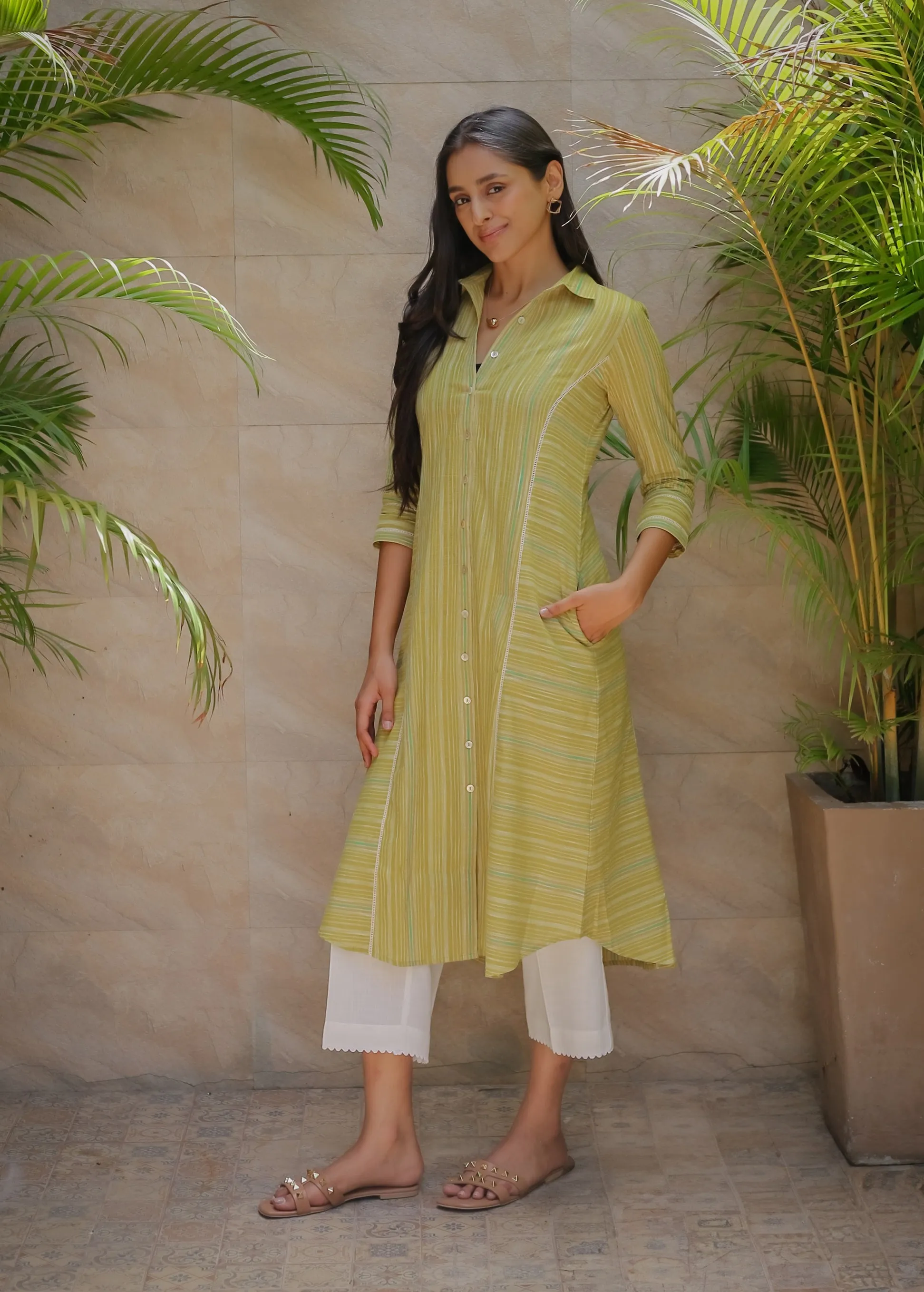Green With White Cotton Handloom Woven Ready-To-Wear A Line Kurta Set With Cullottes