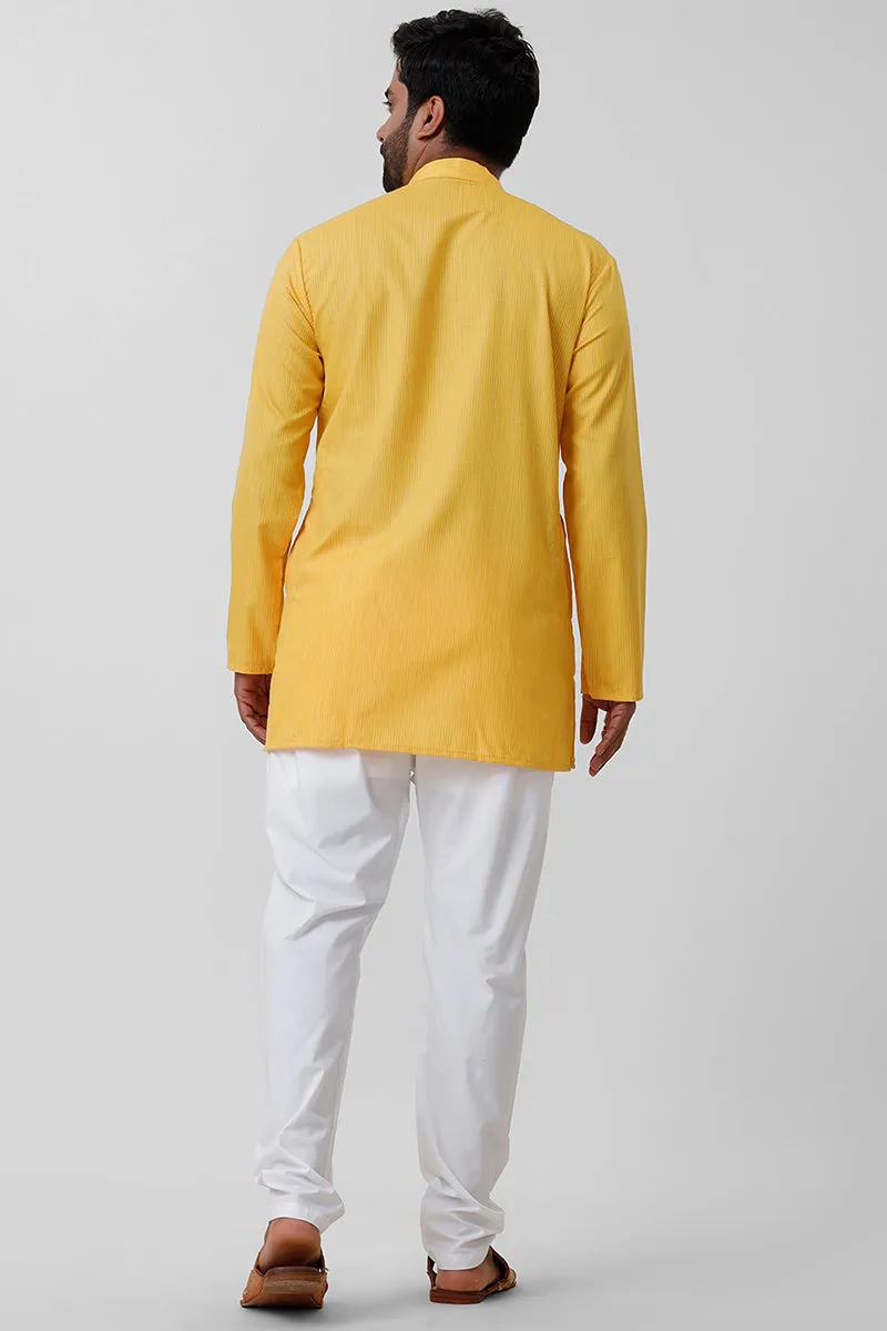 Haldi Kurta - Yellow Vertical Line Middle Length Kurta for Men | Uathayam