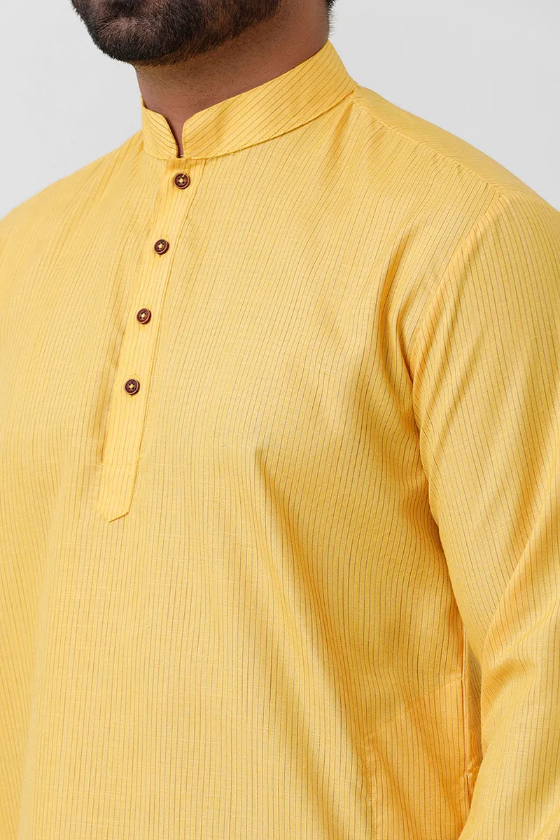 Haldi Kurta - Yellow Vertical Line Middle Length Kurta for Men | Uathayam