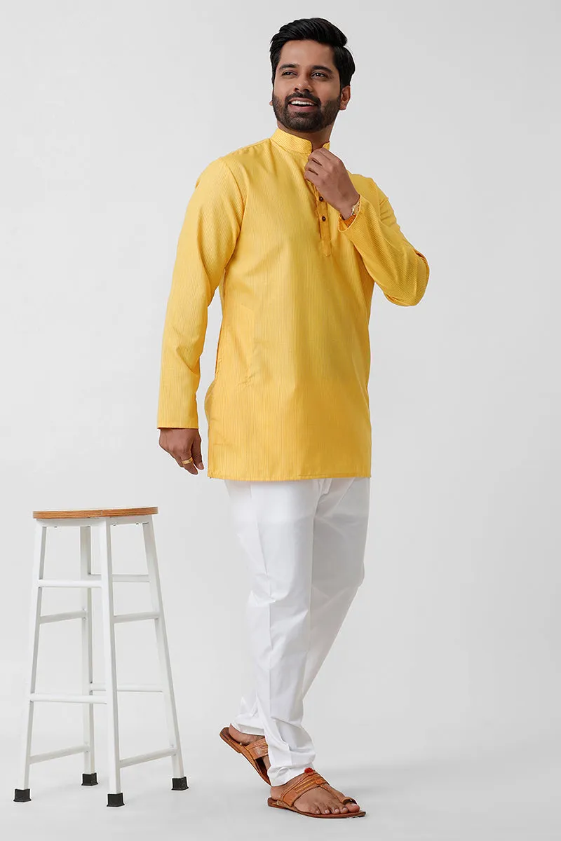 Haldi Kurta - Yellow Vertical Line Middle Length Kurta for Men | Uathayam