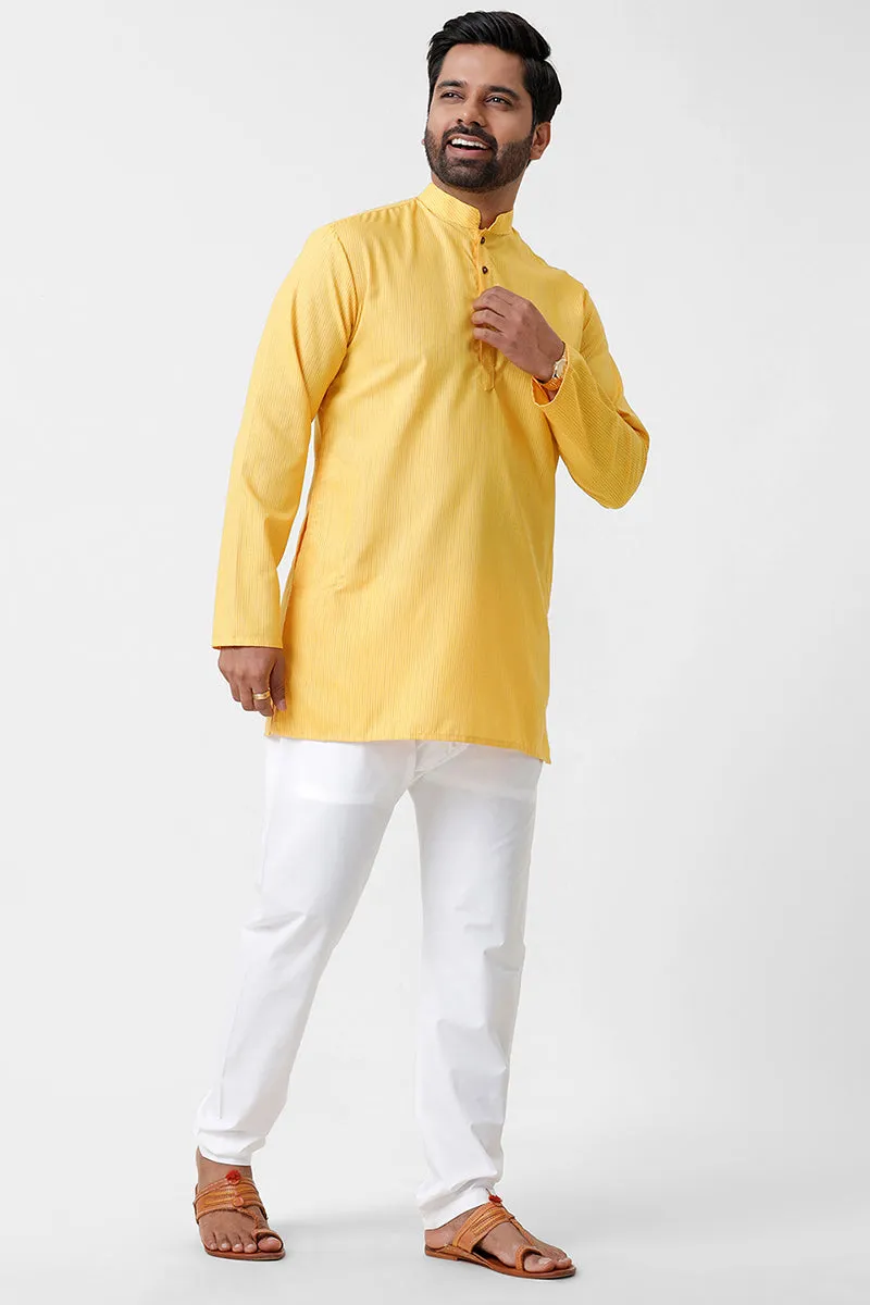 Haldi Kurta - Yellow Vertical Line Middle Length Kurta for Men | Uathayam