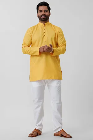 Haldi Kurta - Yellow Vertical Line Middle Length Kurta for Men | Uathayam