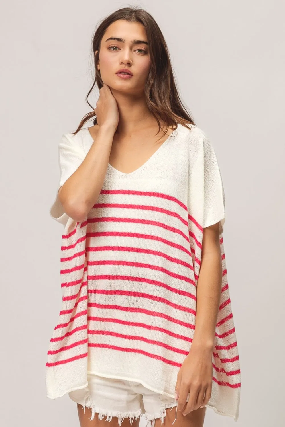 Hazel Blues® |  BiBi V Neck Striped Short Sleeve Top