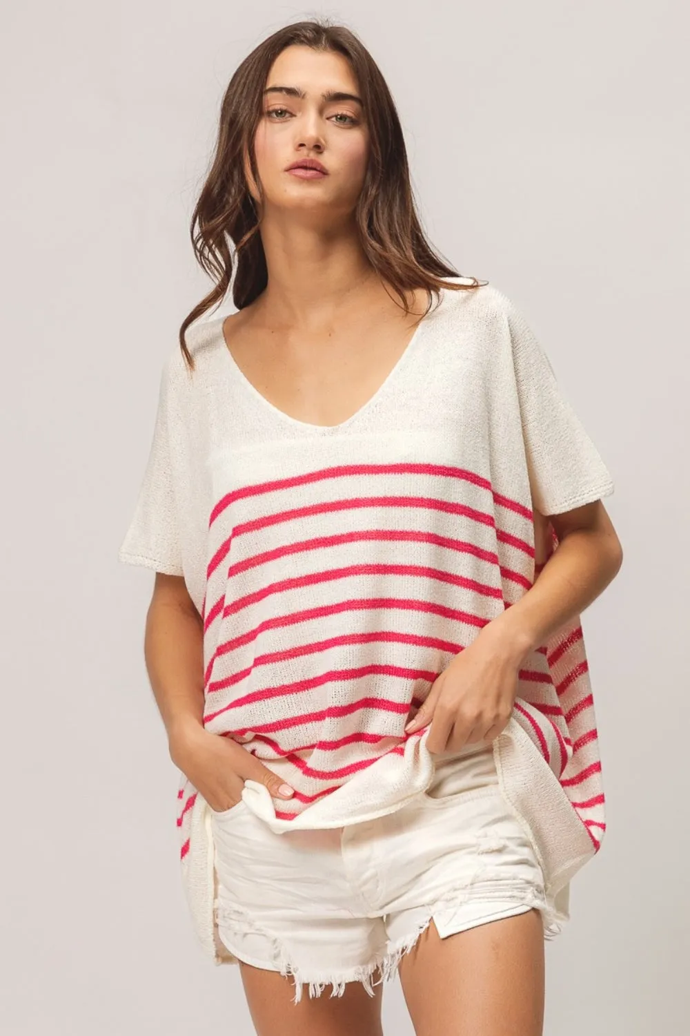 Hazel Blues® |  BiBi V Neck Striped Short Sleeve Top