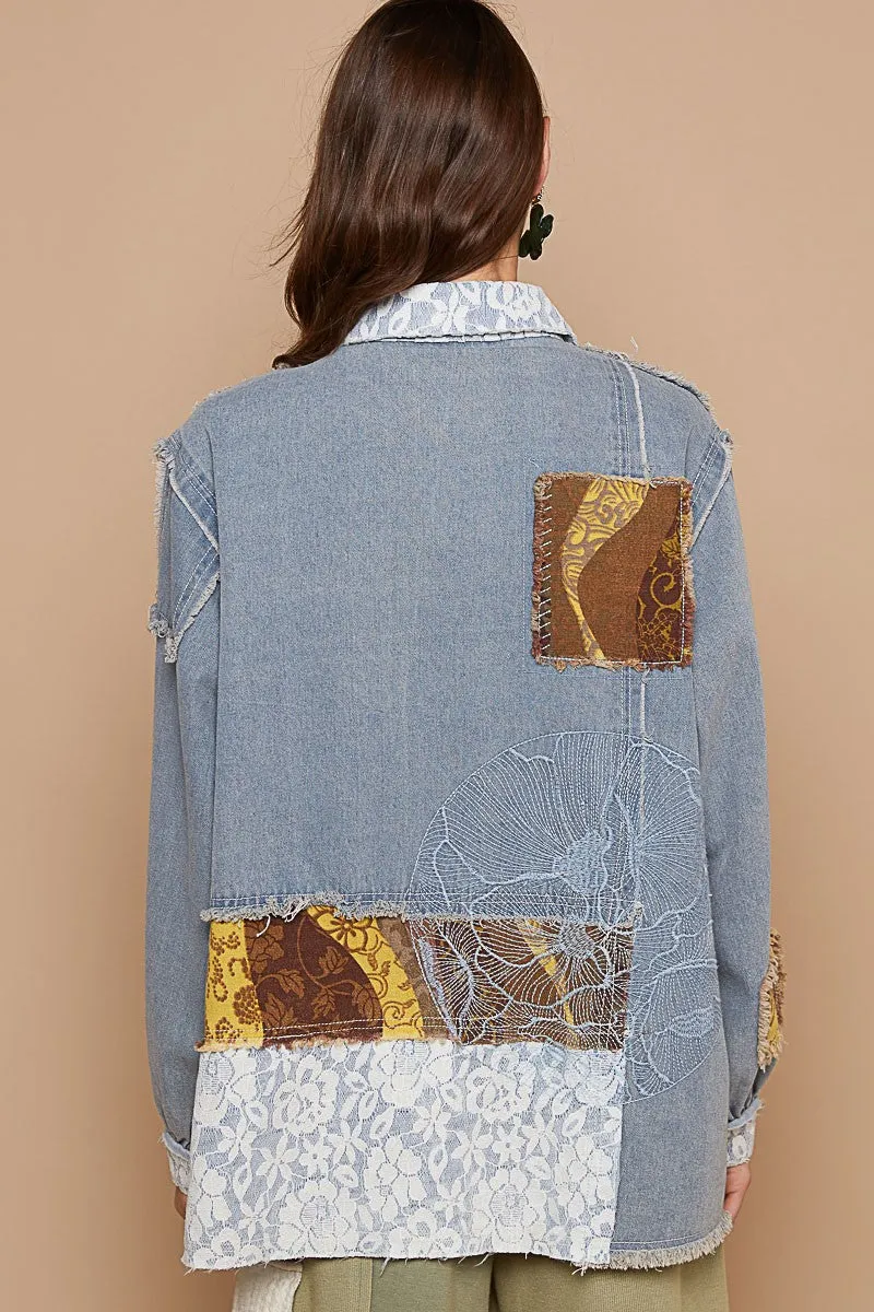 Hazel Blues® |  POL Raw Hem Twill Contrast Button Up Shacket