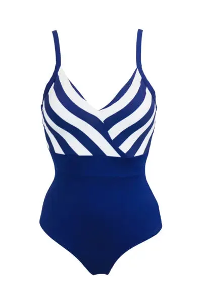 High Line V Neck Control Swimsuit In Navy & White - Pour Moi