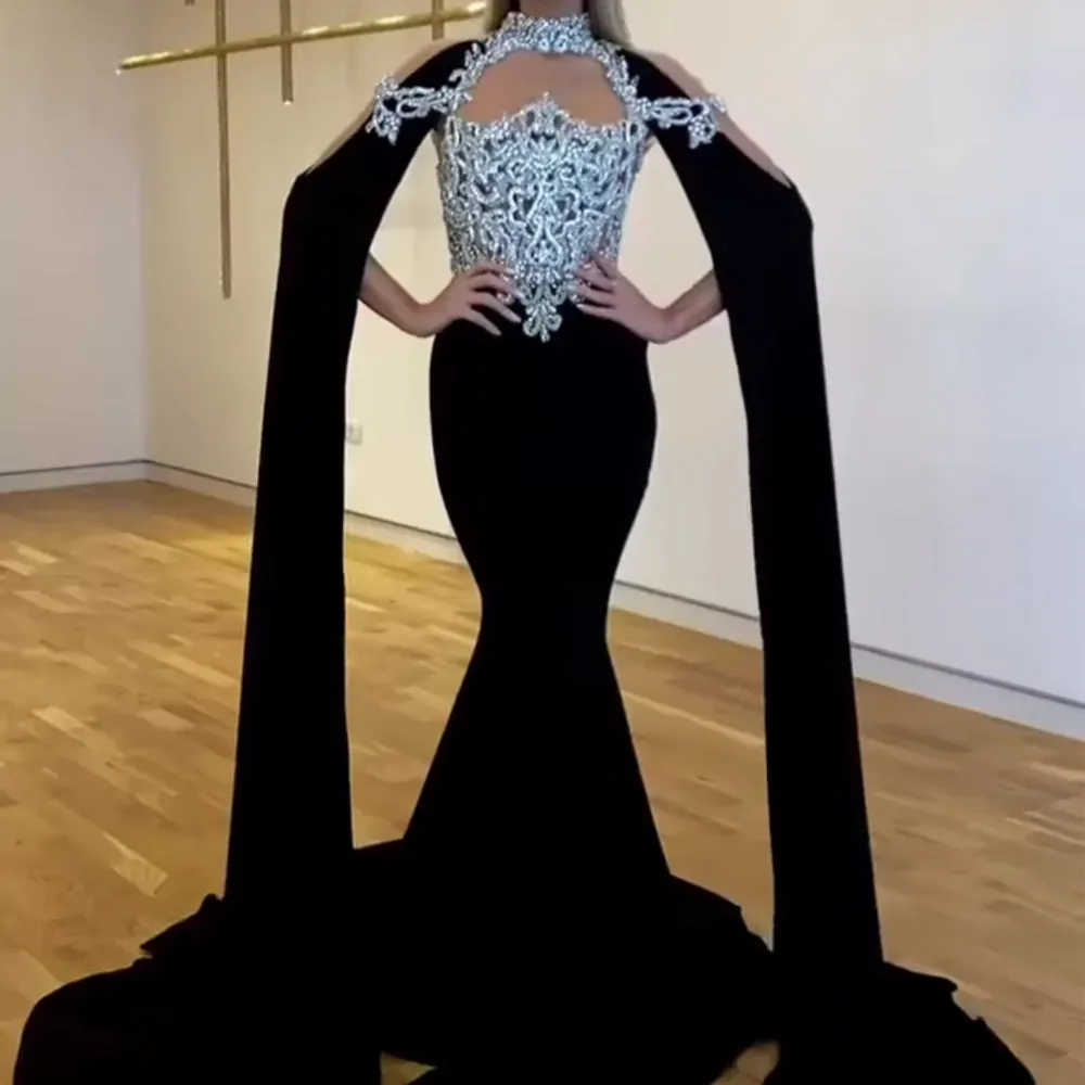 high neck black evening dresses Dubai beaded applique mermaid elegant arabic evening gowns robe de soiree