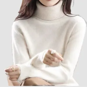 Ivory Pure Cashmere Soft Comfy Turtleneck Elegant Sweater for Women