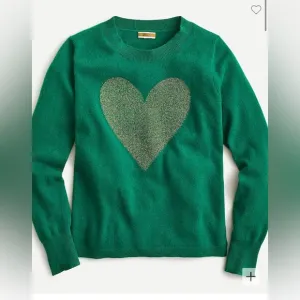 J. Crew 100% Cashmere crewneck sweater with Lurex metallic heart XS