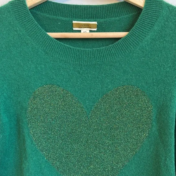 J. Crew 100% Cashmere crewneck sweater with Lurex metallic heart XS