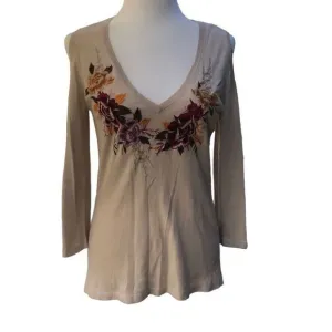 JOHNNY WAS Silk Cashmere Blend Cold Shoulder Womens XS Embroidered Tan Sweater