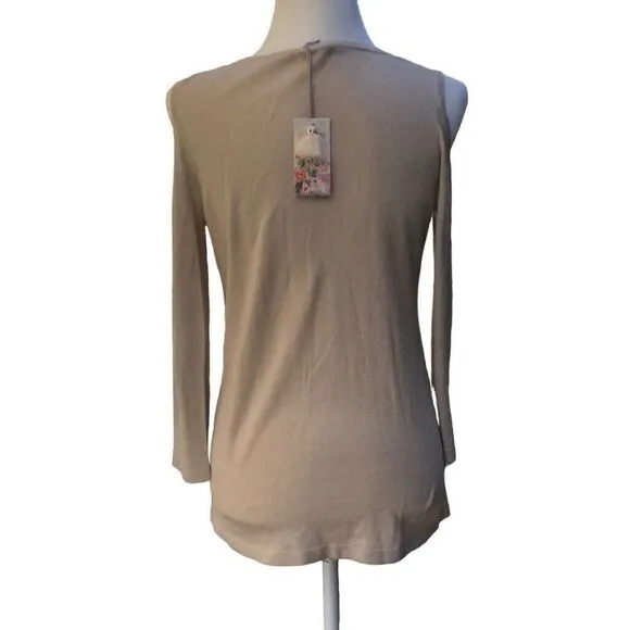 JOHNNY WAS Silk Cashmere Blend Cold Shoulder Womens XS Embroidered Tan Sweater