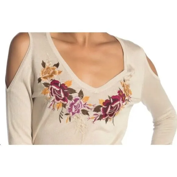 JOHNNY WAS Silk Cashmere Blend Cold Shoulder Womens XS Embroidered Tan Sweater