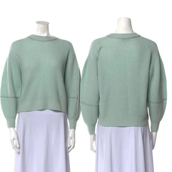 JOIE Braided Ribbed Knit Cashmere Wool Crop Sweater Tiffany Green S Small