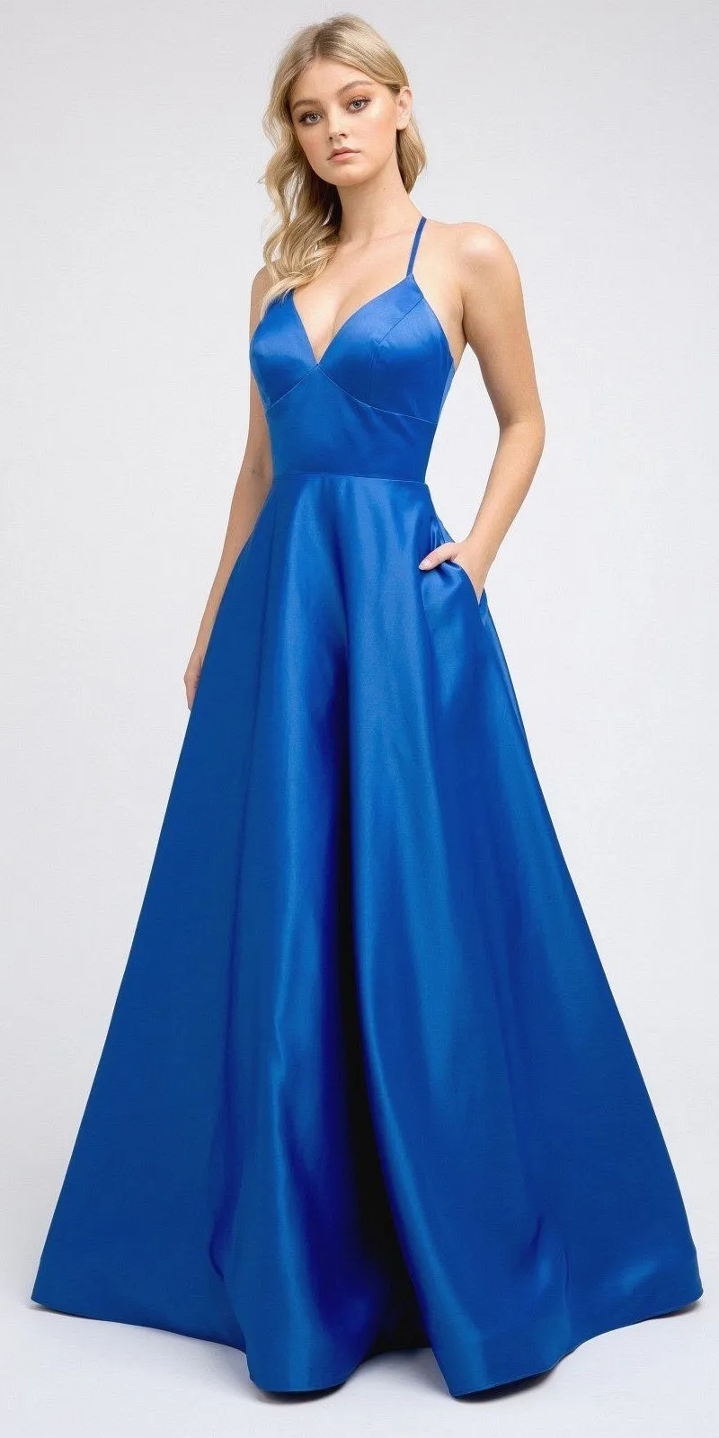 Juliet 230 Stylish Back Long A-Line Satin Prom Dress with Pockets