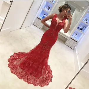 lace applique mermaid evening dresses long beaded red sleeveless elegant sexy formal dresses vestido de Longo