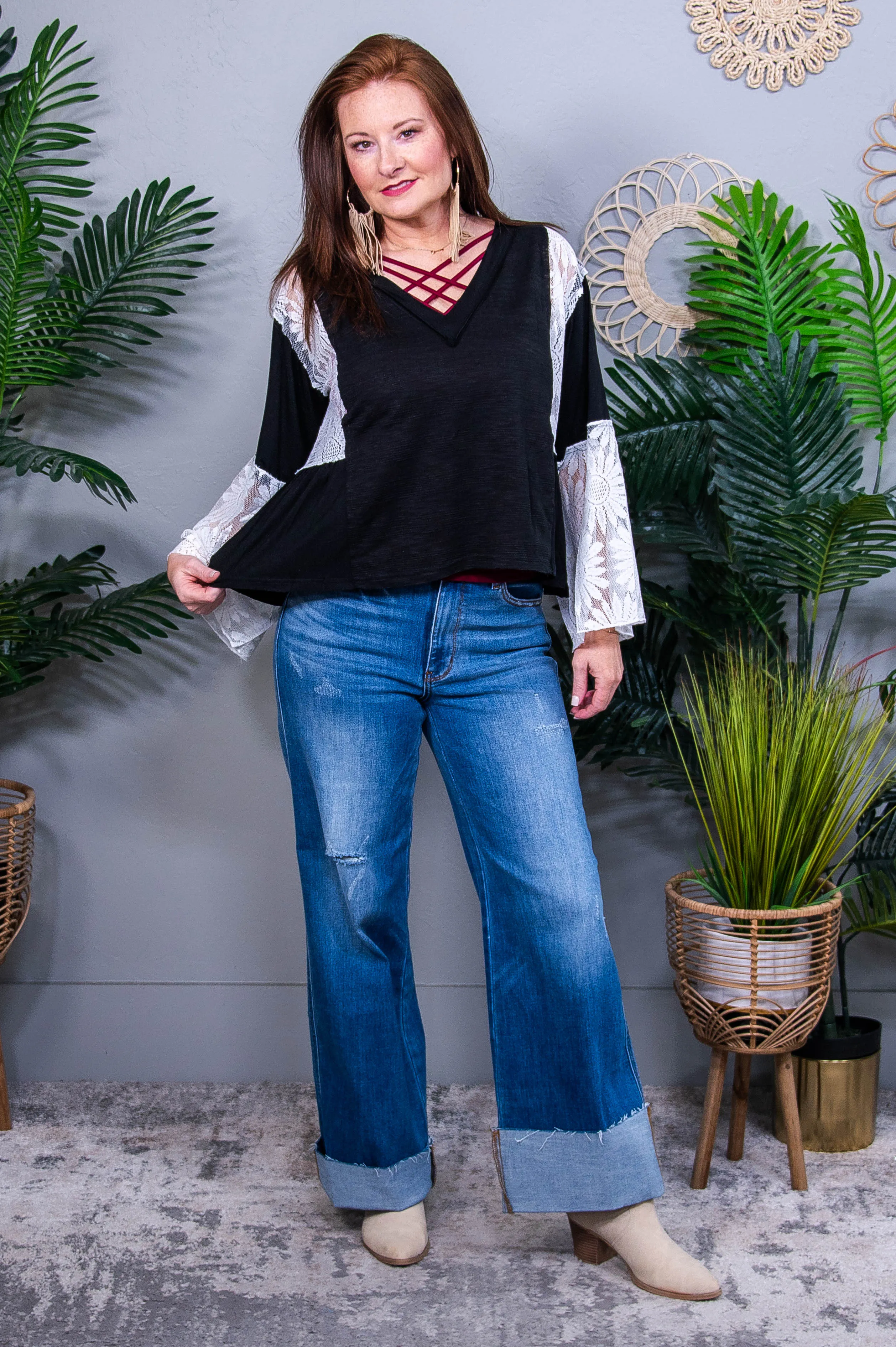 Lace Your Way V-Neck Flare Sleeve Blouse