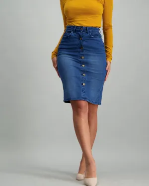Ladies Button Down Pencil Skirt - Mid Blue