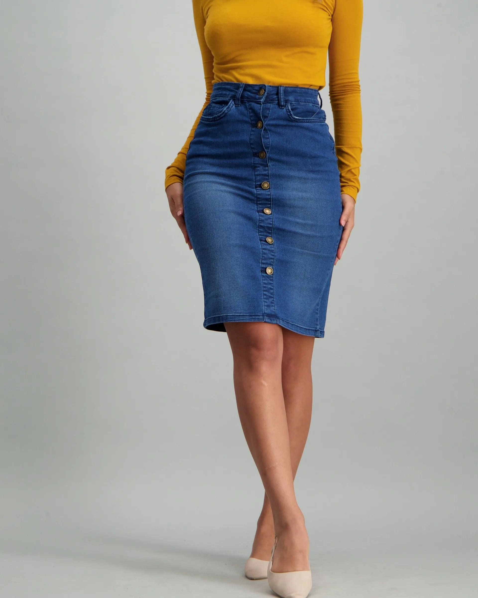 Ladies Button Down Pencil Skirt - Mid Blue