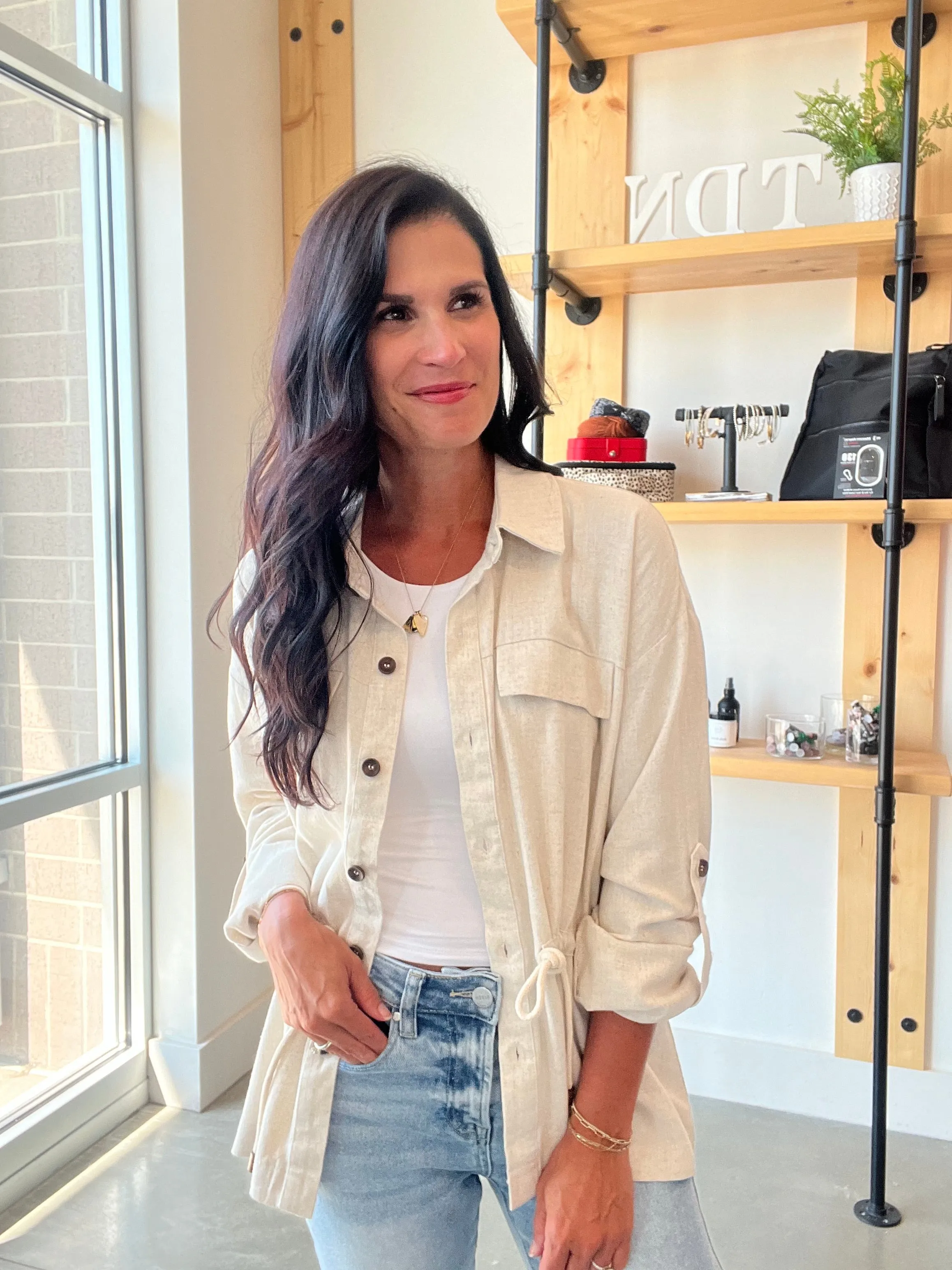 Linen Drawstring Waist Jacket in Oatmeal
