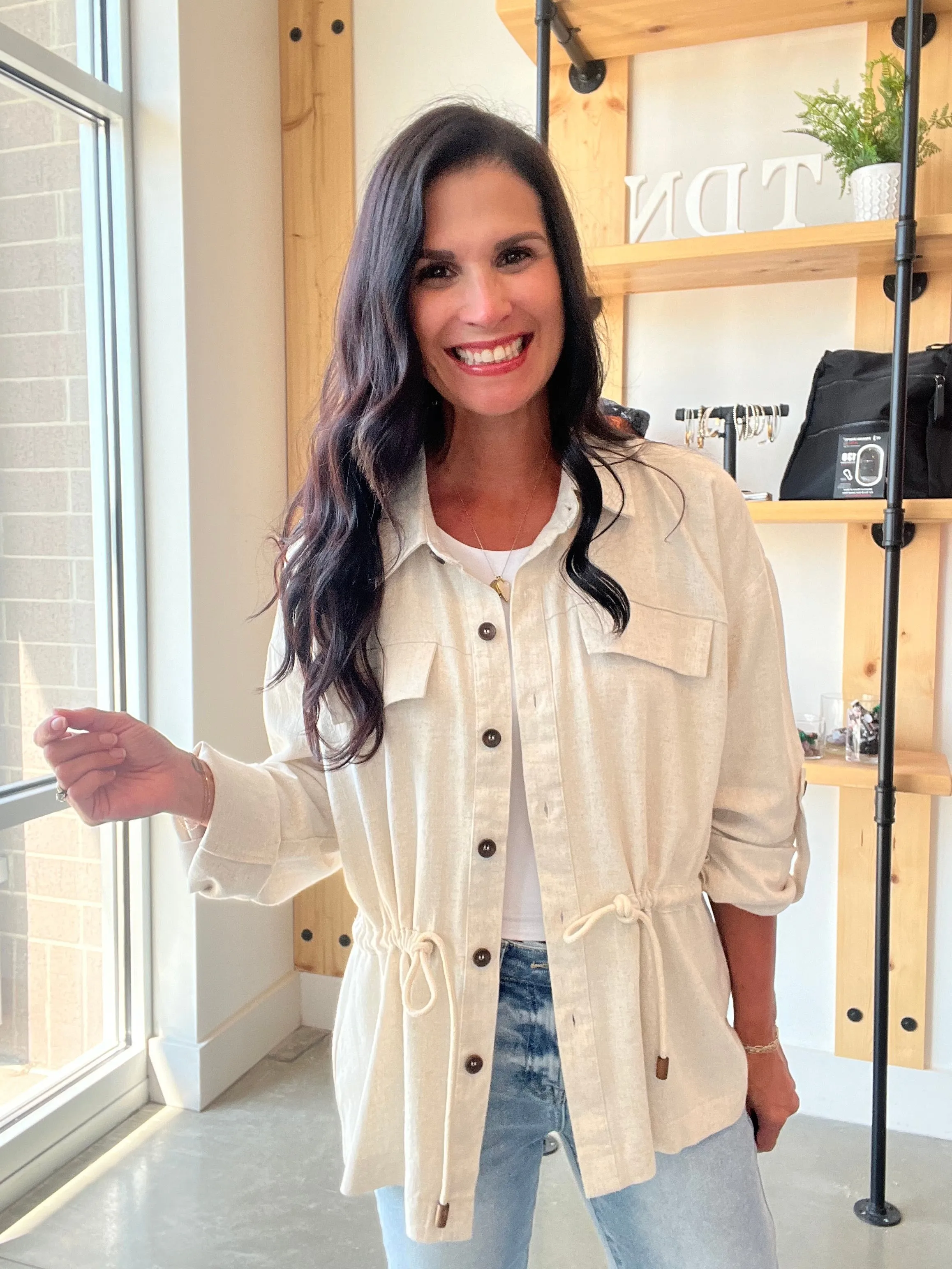 Linen Drawstring Waist Jacket in Oatmeal