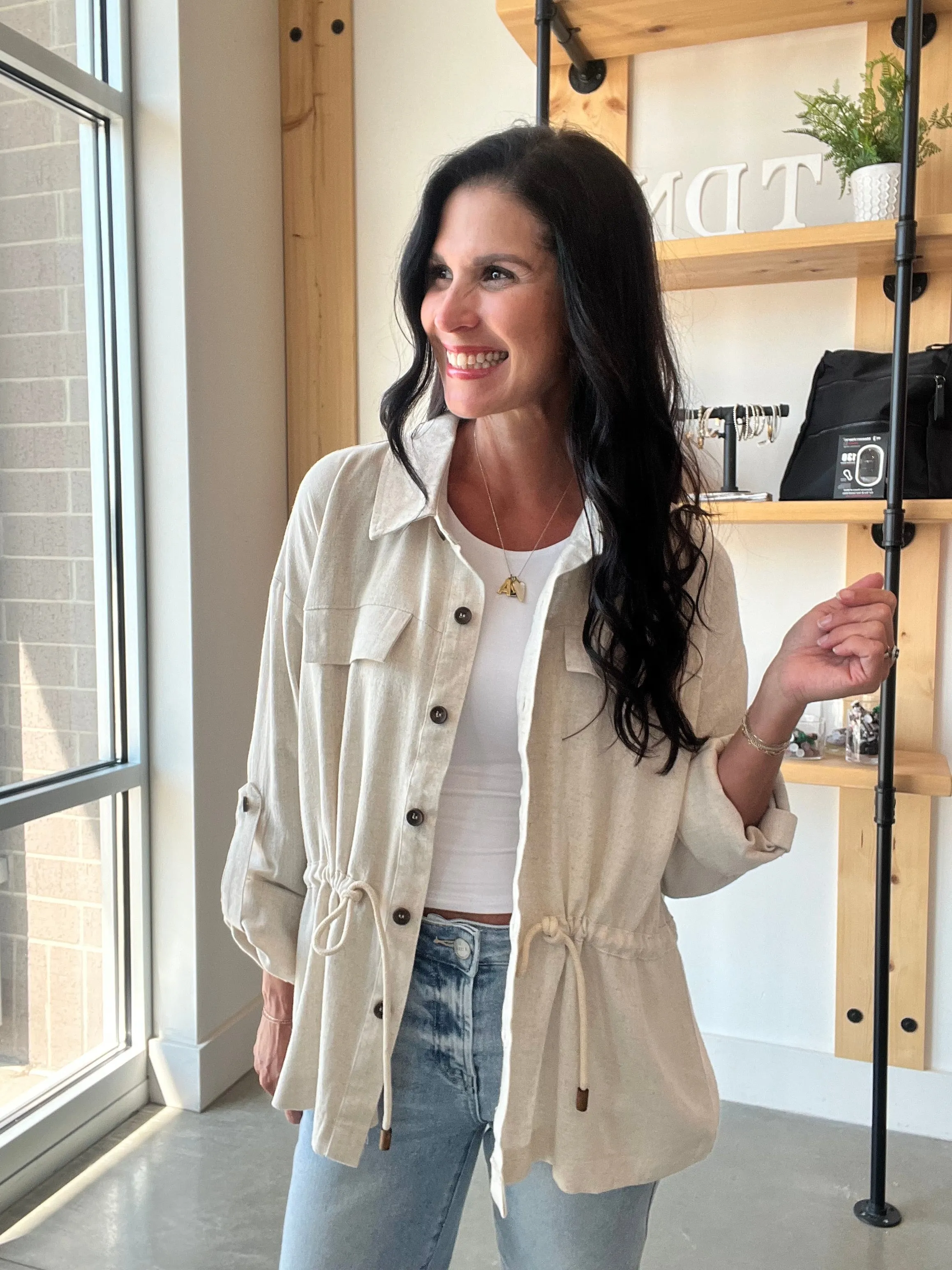 Linen Drawstring Waist Jacket in Oatmeal
