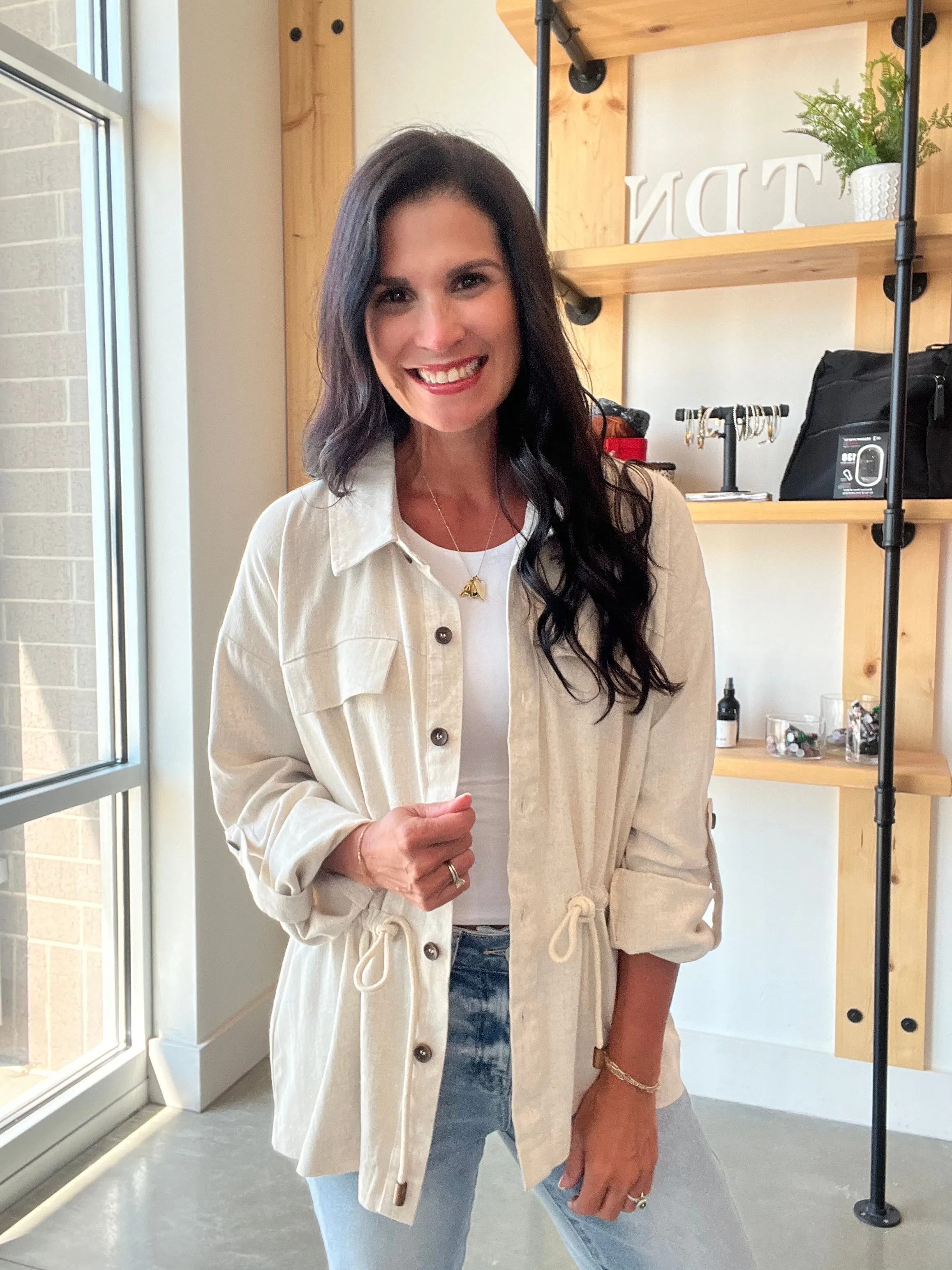 Linen Drawstring Waist Jacket in Oatmeal