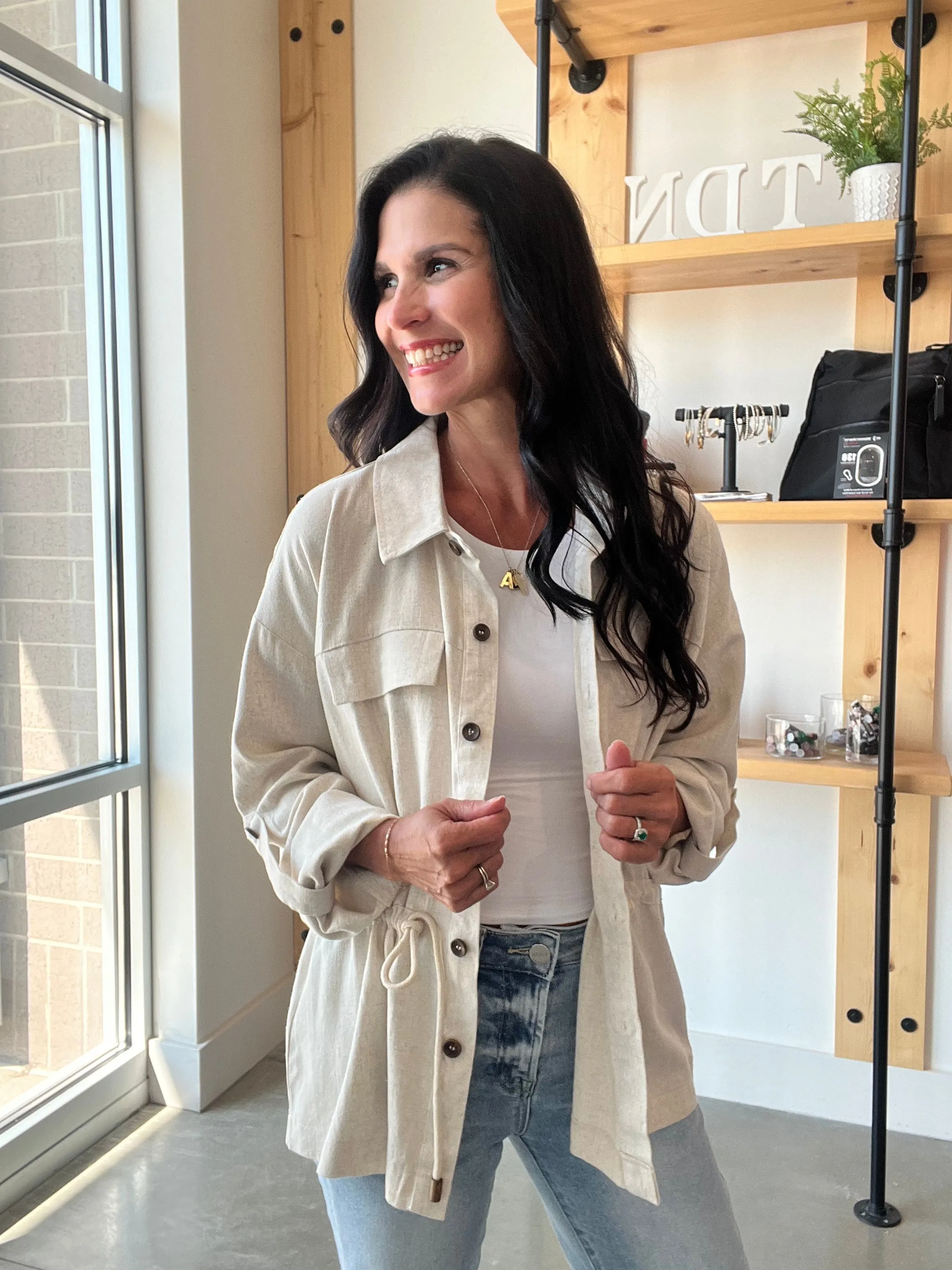Linen Drawstring Waist Jacket in Oatmeal