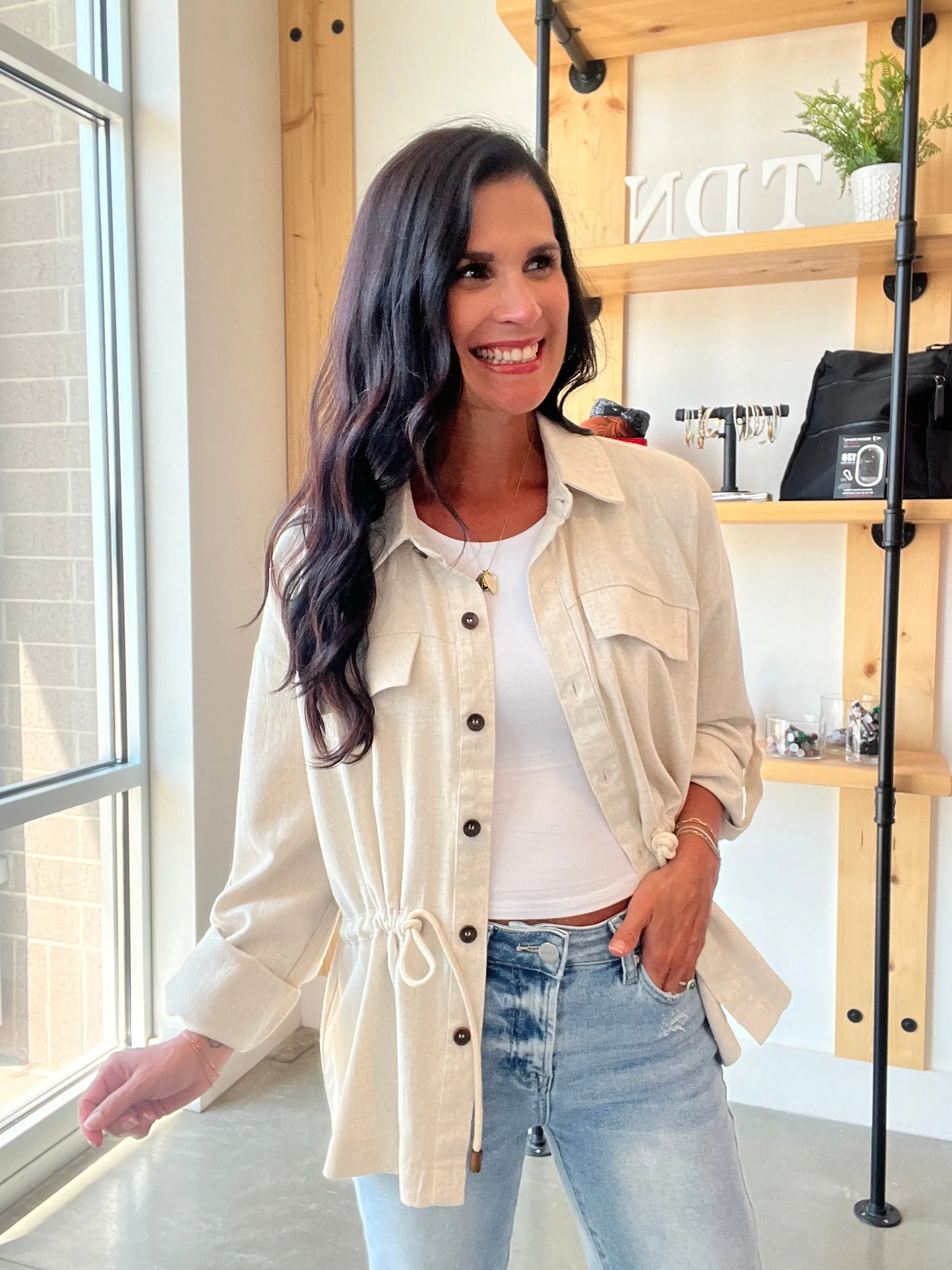 Linen Drawstring Waist Jacket in Oatmeal