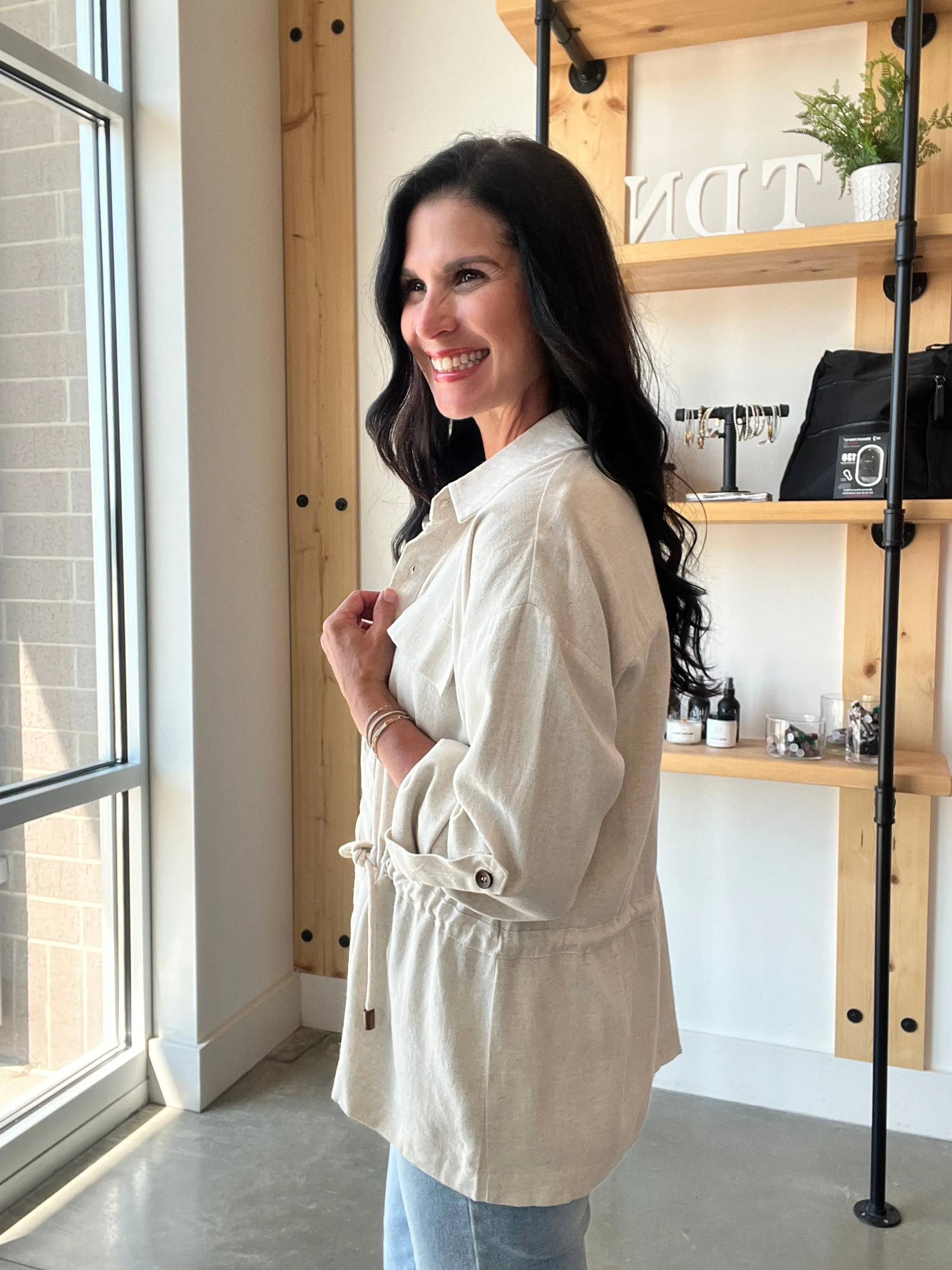 Linen Drawstring Waist Jacket in Oatmeal