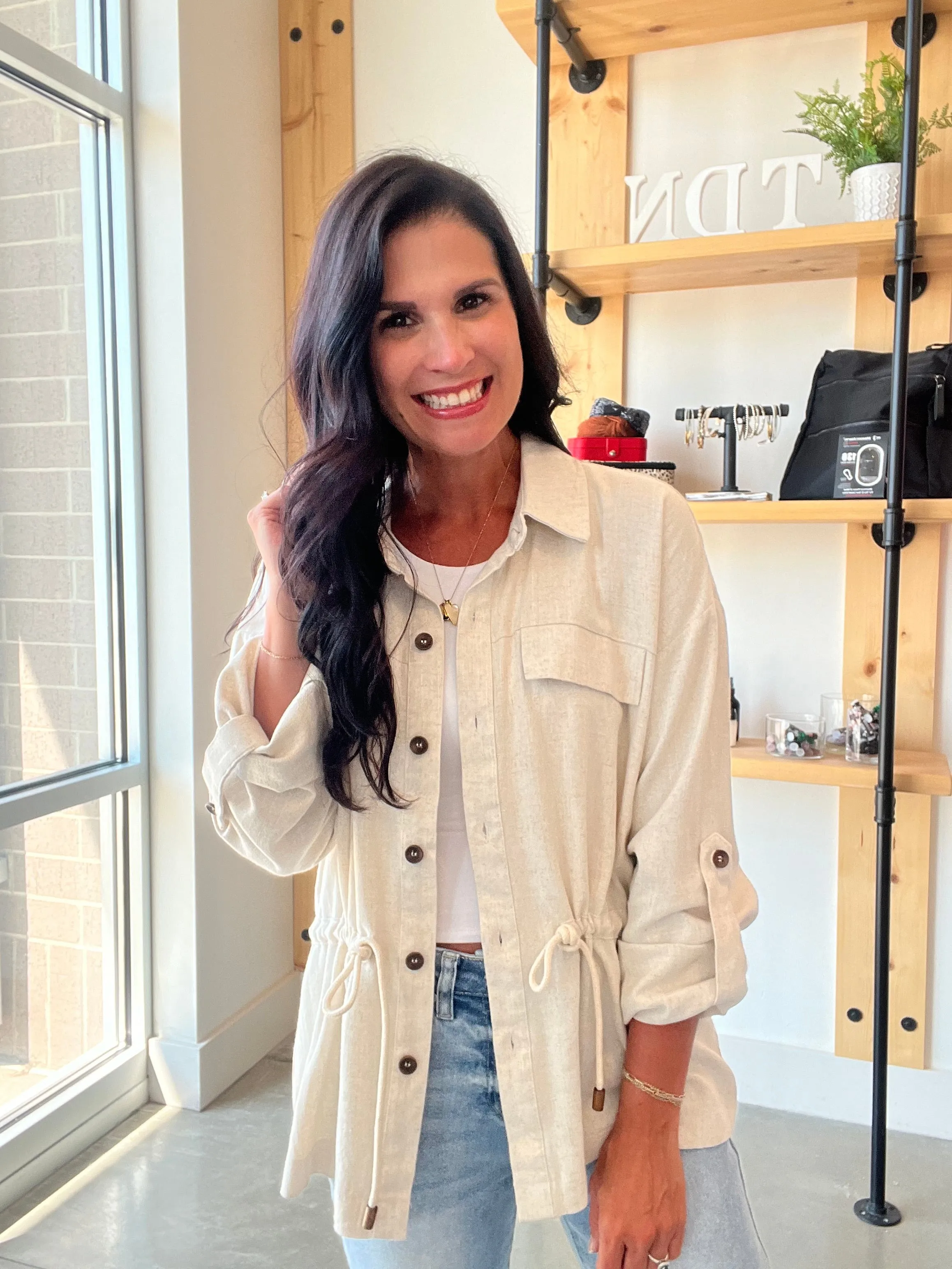 Linen Drawstring Waist Jacket in Oatmeal