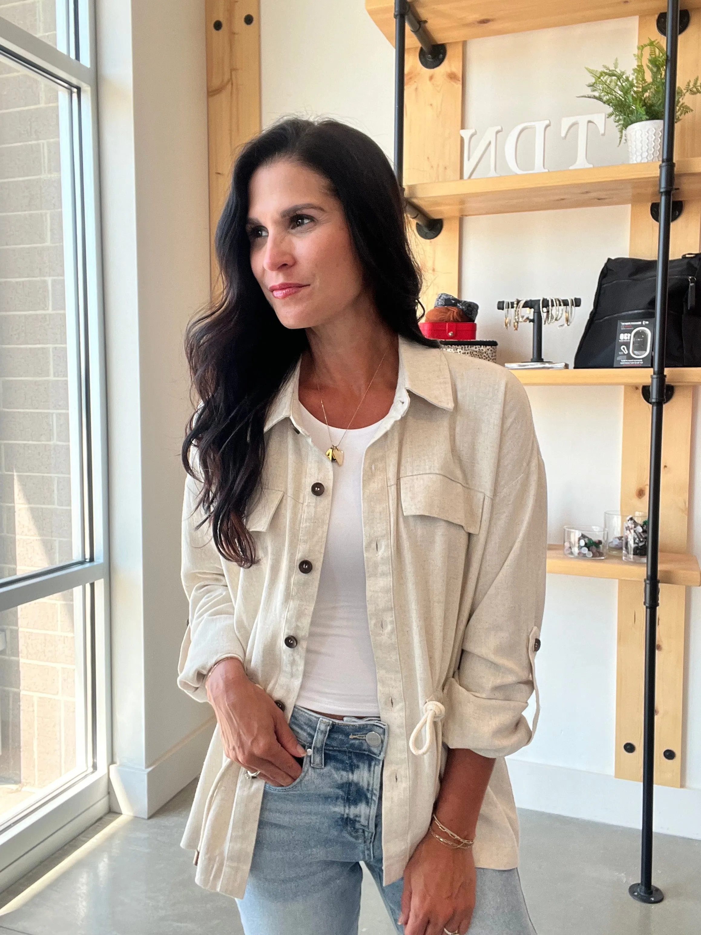 Linen Drawstring Waist Jacket in Oatmeal