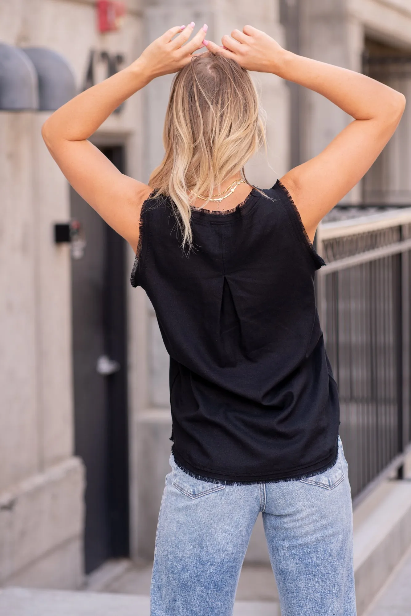 Linen Frayed V Neck Top - Black