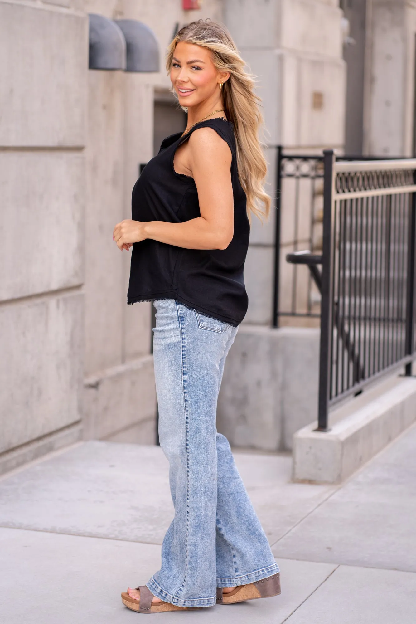 Linen Frayed V Neck Top - Black