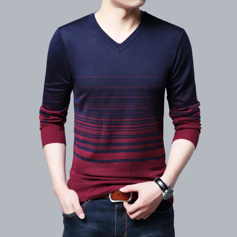 Liseaven Men Pullover Sweater V-Neck Sweaters Mens Striped Pattern Long Sleeve Cotton Tops Male Pullovers