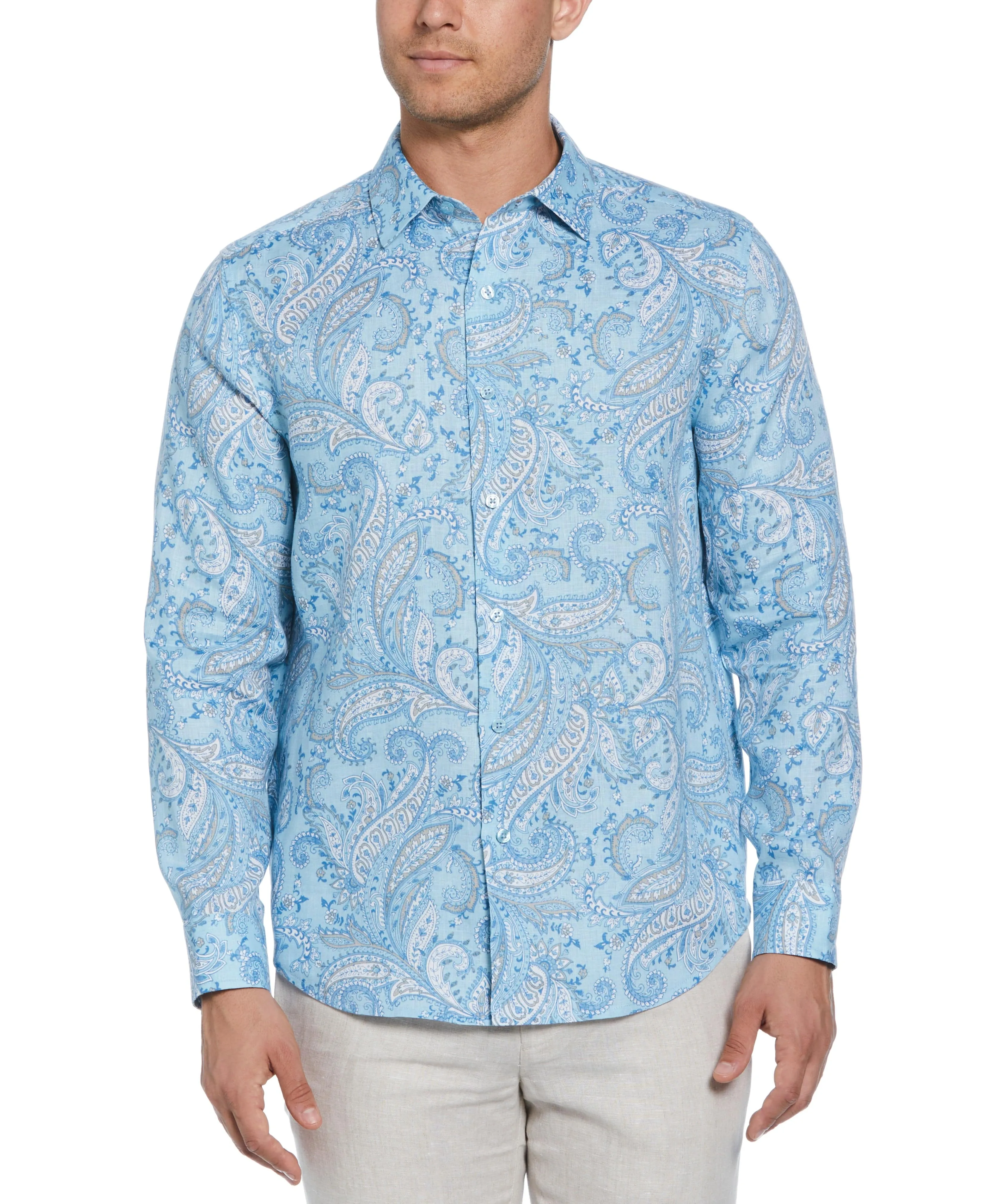 Long Sleeve Linen Allover Paisley Printed Shirt