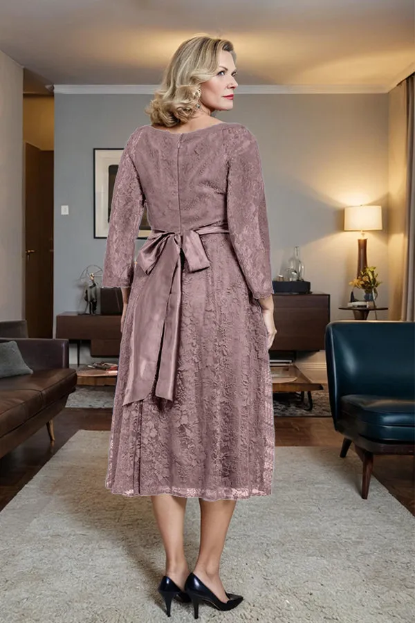 Long Sleeves Lace A Line Mother of the Bride Dress with Bow Tie