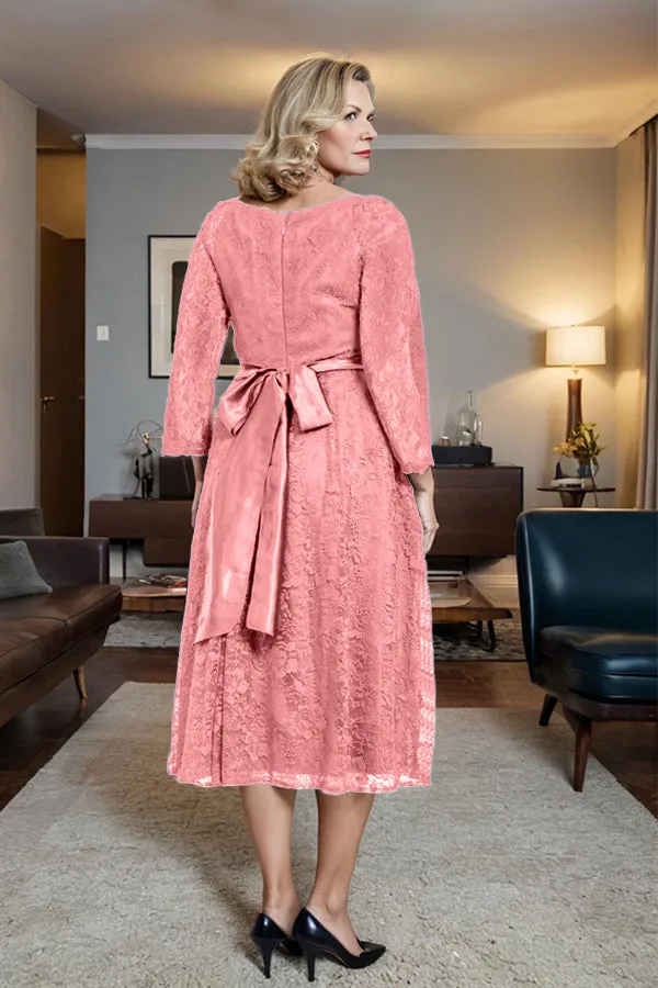 Long Sleeves Lace A Line Mother of the Bride Dress with Bow Tie