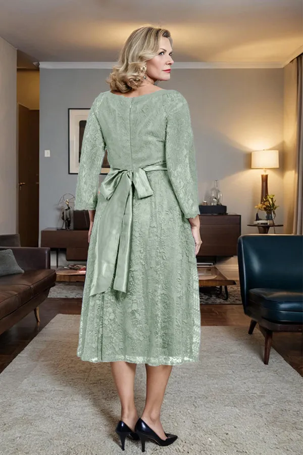 Long Sleeves Lace A Line Mother of the Bride Dress with Bow Tie