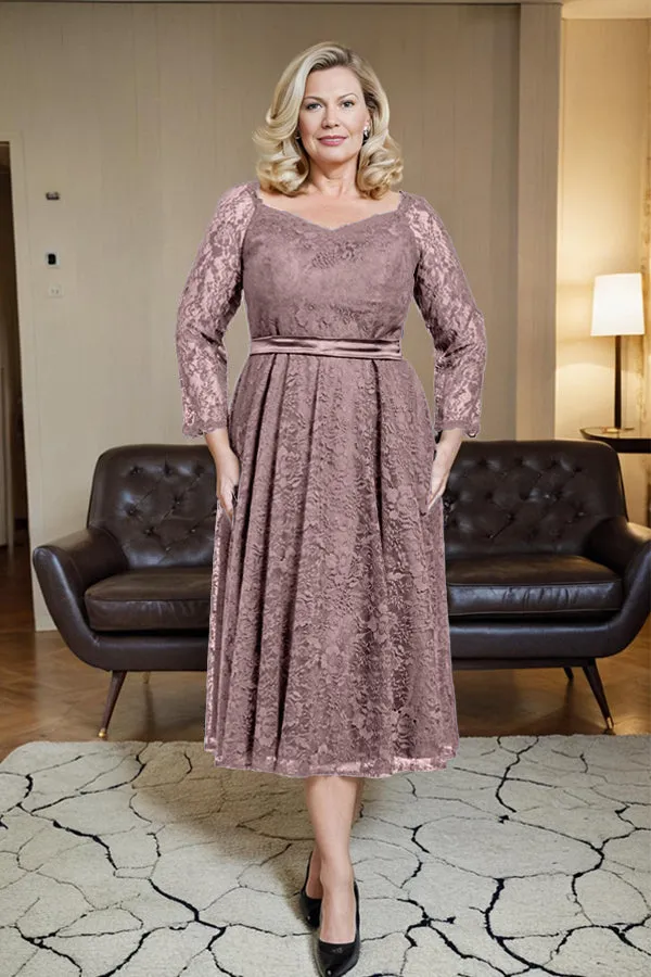 Long Sleeves Lace A Line Mother of the Bride Dress with Bow Tie