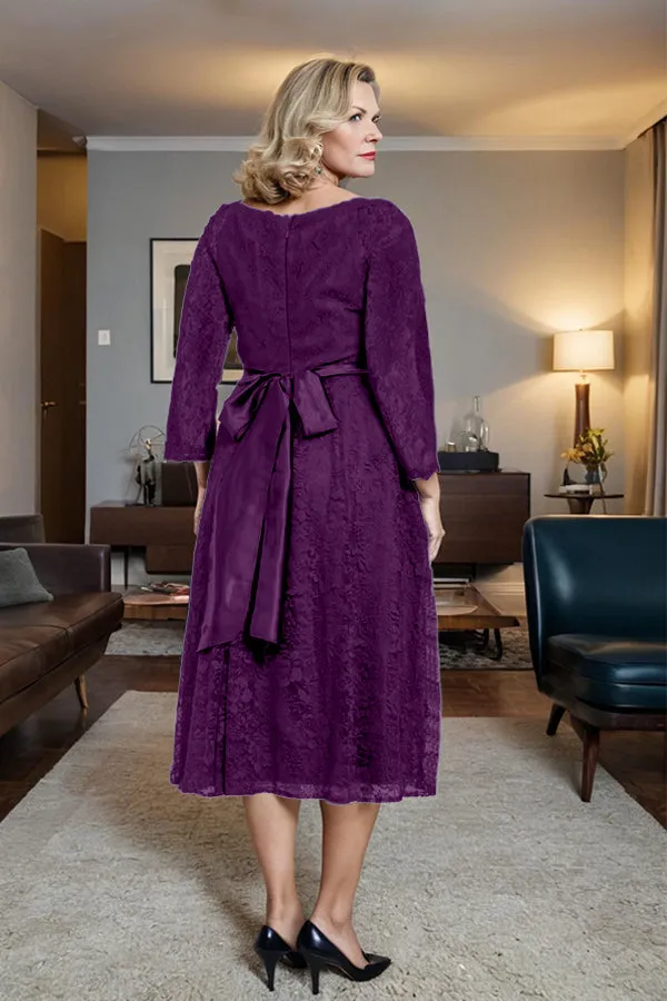 Long Sleeves Lace A Line Mother of the Bride Dress with Bow Tie
