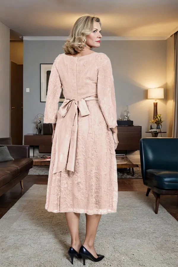 Long Sleeves Lace A Line Mother of the Bride Dress with Bow Tie