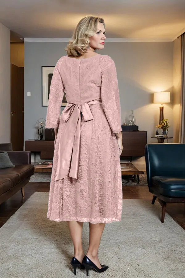 Long Sleeves Lace A Line Mother of the Bride Dress with Bow Tie