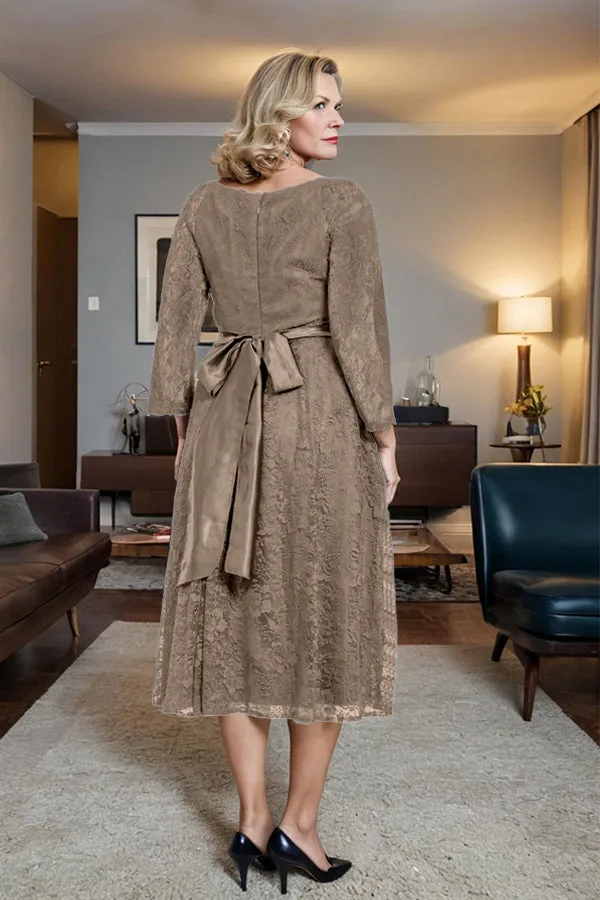 Long Sleeves Lace A Line Mother of the Bride Dress with Bow Tie