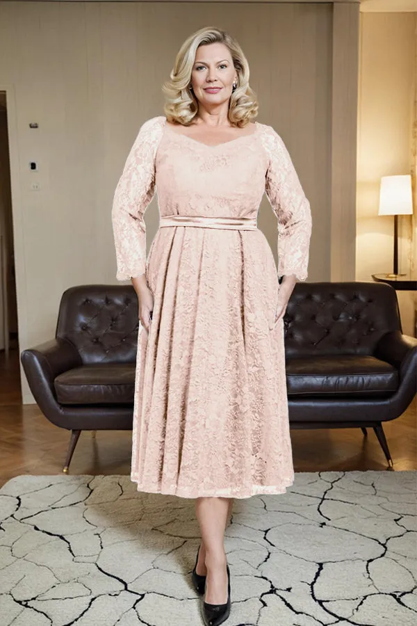 Long Sleeves Lace A Line Mother of the Bride Dress with Bow Tie